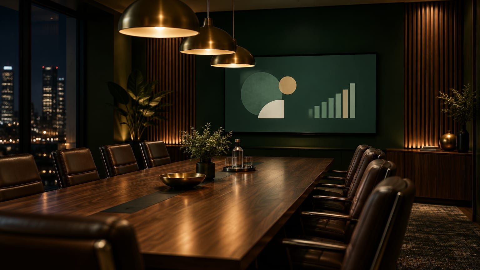 A dark boardroom with a presentation on the wall screen